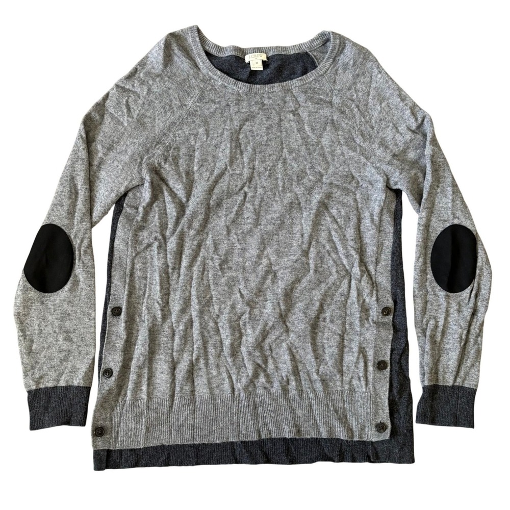 J. Crew Wool Blend Sweater Sz M Gray Black Elbow Patches Two Tone Side Button